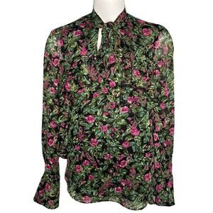 HIghline Collection Black Green Purple Floral Ruffle‎ Neck Tie Chiffon Sz Small